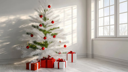 A stunning white Christmas tree adorned with red ornaments stands elegantly in a cozy room, surrounded by beautifully wrapped gifts, perfect for holiday spirit.の素材