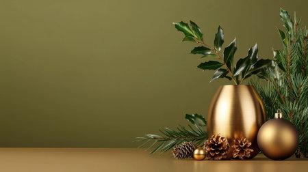 This elegant gold vase showcases a beautiful arrangement of greenery and holiday accents. Perfect for festive decorations or interior styling, it adds warmth and charm to any setting.の素材