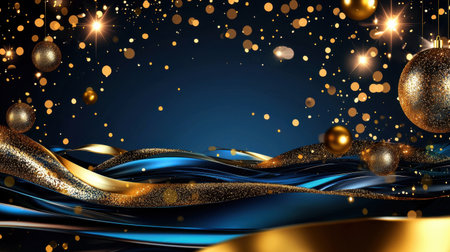 A vibrant and luxurious background featuring golden ornaments and blue waves, perfect for holiday themes, celebrations, or elegant event designs. Ideal for festive projects.の素材