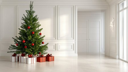 A beautifully decorated Christmas tree featuring red ornaments and wrapped gifts in a bright and elegant room, perfect for holiday celebrations and serene winter moods.の素材