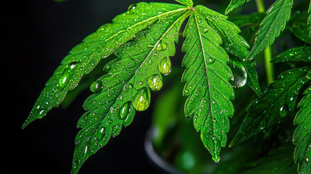 This stunning close-up image showcases fresh green leaves adorned with glistening water droplets, highlighting the beauty of nature against a striking black background.の素材