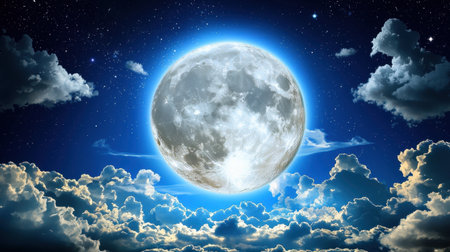 A stunning full moon casts a soft glow over fluffy clouds and a starry sky. This captivating night scene exudes tranquility and beauty, perfect for dreaming.の素材