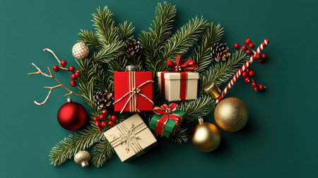 A beautiful holiday arrangement featuring gifts, ornaments, and pine branches on a rich green background. Perfect for celebrating the festive season.の素材