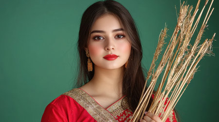 A stunning portrait of a woman dressed in traditional attire, gracefully holding stalks against a vibrant green background. This image captures beauty and cultural elegance.の素材