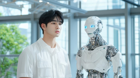 A young man stands beside a humanoid robot in a sleek indoor space, showcasing the interaction between humans and technology. Ideal for future-focused projects.の素材