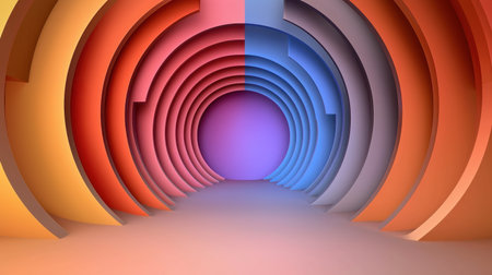 Discover a vibrant abstract tunnel featuring curved shapes and gradient colors. This three-dimensional design creates a captivating visual experience for various creative projects.の素材