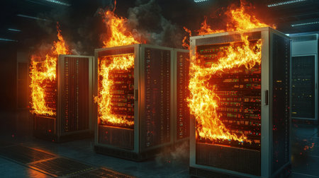 Intense flames engulf servers in a data center, creating a scene of chaos and potential disaster. This dramatic image highlights equipment failure and fire hazards.の素材