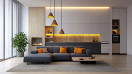 This modern living room features a stylish sofa, warm lighting, and elegant decor. The inviting space combines comfort and sophistication, perfect for relaxation.の素材