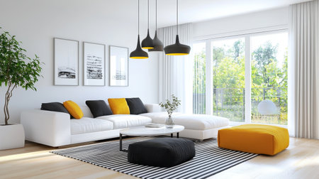 A bright and airy living room showcasing modern minimalist decor with chic furnishings. Features a comfortable sofa, stylish pendant lights, and vibrant accents for a cozy atmosphere.の素材