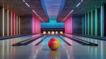 Experience the lively atmosphere of a modern bowling alley featuring vibrant lights and a striking bowling ball, perfect for leisure activities and social gatherings.の素材