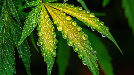 A detailed close-up image of vibrant cannabis leaves adorned with water droplets, showcasing their texture and freshness in a natural setting. Perfect for nature or herbal wellness themes.の素材