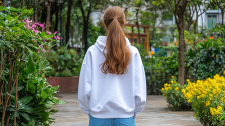 A young woman wears a white hoodie while walking through a vibrant garden pathway. Bright flowers and lush greenery surround, creating a peaceful atmosphere.の素材