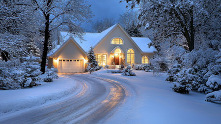 A charming house nestled in a snowy landscape during twilight. Soft warm lights glow from the windows, creating a peaceful and inviting atmosphere in the winter wonderland.の素材