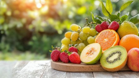 A vibrant assortment of fresh fruits including strawberries, oranges, kiwi, and grapes arranged on a wooden table outdoors, highlighting natural beauty.の素材