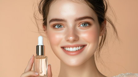 A smiling woman holds a serum bottle, showcasing glowing skin and natural beauty. Her fresh look emphasizes the importance of skincare and wellness.の素材