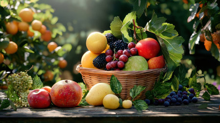 A vibrant arrangement of assorted fruits in a rustic basket, showcasing freshness and natural beauty, perfect for health and culinary themes.の素材