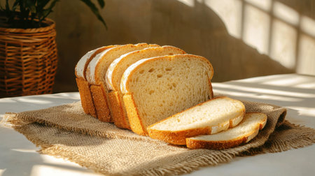 Freshly sliced white bread arranged on a rustic surface, illuminated by soft sunlight, creates a warm and inviting atmosphere perfect for meal prep or cozy breakfasts.の素材