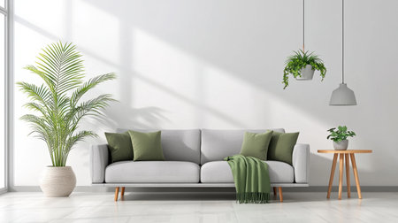 A spacious living room featuring a light gray sofa with green accents, surrounded by indoor plants, emphasizing a modern and serene atmosphere.の素材