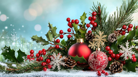 A vibrant arrangement of Christmas ornaments, pine branches, and holly berries. This image captures the essence of winter joy and festive celebration, perfect for holiday-themed projects.の素材