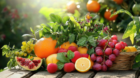 A vivid display of fresh fruits, including oranges, pomegranates, and grapes, surrounded by lush greenery, illuminated by soft sunlight, creating a stunning natural composition.の素材
