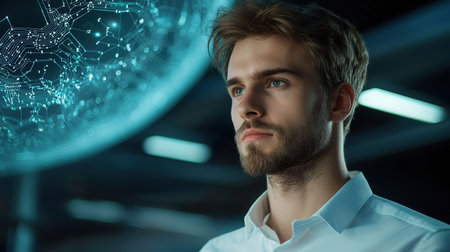 A thoughtful young man stands in a modern workspace, gazing at a digital sphere that represents advanced technology. The scene evokes innovation and creativity.の素材