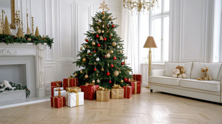 A beautifully decorated Christmas tree with colorful ornaments and presents creates a festive atmosphere in a cozy living room, perfect for holiday celebration.の素材