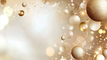An elegant golden and white background featuring beautiful Christmas ornaments and soft sparkles. Perfect for festive occasions and holiday designs.の素材