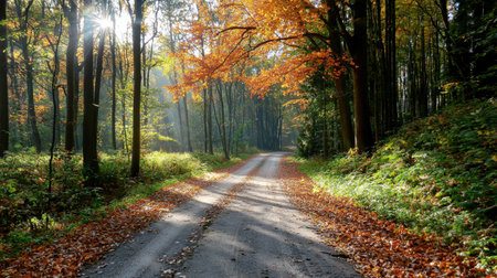 A beautiful autumn scene showcasing a tranquil forest pathway adorned with vibrant leaves. Soft sunlight filters through the trees, creating a serene atmosphere.の素材