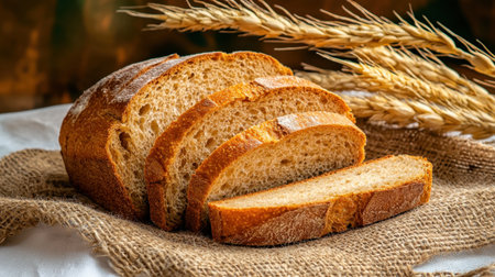 A beautifully arranged sliced rustic bread with wheat ears, showcasing its textured crust and wholesome nature, perfect for bakery or food-related themes.の素材