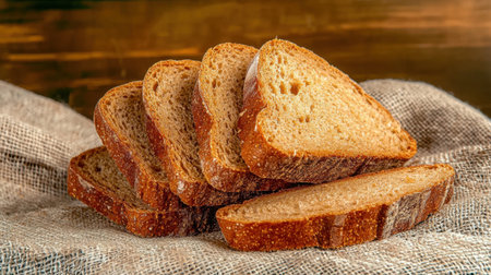 A close-up view of freshly sliced whole wheat bread arranged neatly on rustic linen cloth. The warm tones and texture evoke a sense of comfort and wholesome nutrition.の素材