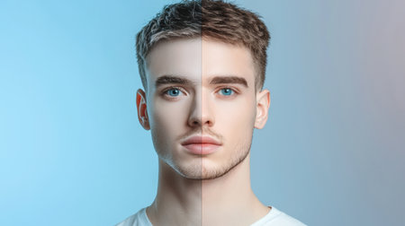 A captivating split portrait of a young man showcases his striking blue eyes and light hair against contrasting backgrounds, emphasizing facial symmetry and beauty.の素材