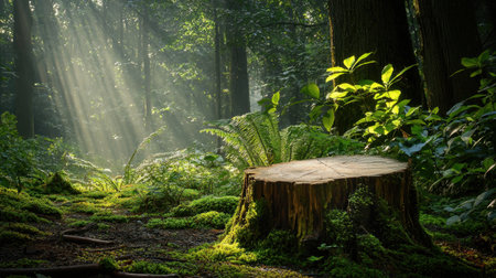 A serene forest scene showcasing sunlight streaming through trees, highlighting a wooden stump surrounded by lush greenery and moss, evoking tranquility and connection with nature.の素材