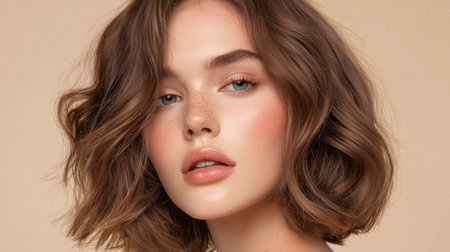 A captivating close-up of a beautiful young woman with soft wavy hair and natural makeup, showcasing her flawless skin and serene expression, perfect for beauty-themed projects.の素材