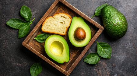 An inviting arrangement of fresh avocado halves beside a toasted bread slice and spinach leaves, perfect for a healthy meal or snack. Ideal for food photography.の素材
