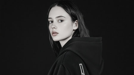 A captivating portrait of a young woman wearing a black hoodie, embodying a modern and minimalist aesthetic. The dark background enhances her confident expression, creating a striking visual impact.の素材