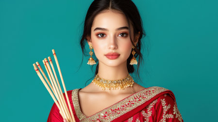 This portrait captures an elegant woman in traditional attire, radiating beauty and grace. Her ornate jewelry and vibrant colors create a festive atmosphere.の素材