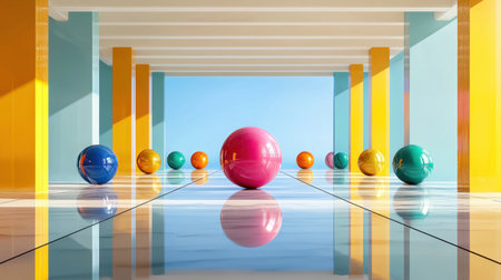 A captivating scene featuring vibrant colored spheres arranged harmoniously within a modern architectural space, showcasing reflections and dynamic light play.の素材
