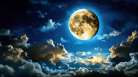 A captivating scene of a bright full moon illuminating the night sky filled with dramatic clouds, creating a magical atmosphere perfect for relaxation and inspiration.の素材