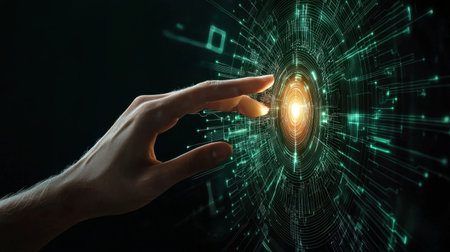 A human hand reaches out to touch a glowing light in a captivating digital space, symbolizing connection, innovation, and the fusion of technology with human experience.の素材