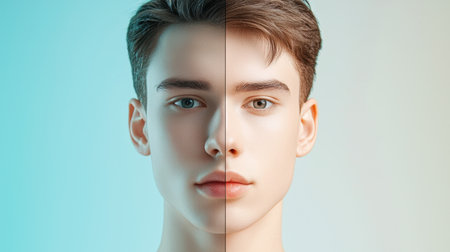 A striking split portrait illustrating two contrasting lighting styles on a young male face. The image highlights skin tone variance, enhancing beauty and expression.の素材