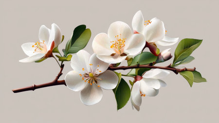 A beautifully rendered illustration of a delicate white blossom branch showcasing fresh green leaves, perfect for adding a touch of nature's beauty to any design.の素材