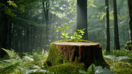 A vibrant green plant emerges from a tree stump, surrounded by lush forest. Sunlight filters through the trees, creating a serene and tranquil atmosphere.の素材