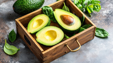 Discover the vibrant beauty of fresh avocados halved and presented in a rustic wooden box surrounded by lush green leaves. Perfect for healthy dishes!の素材