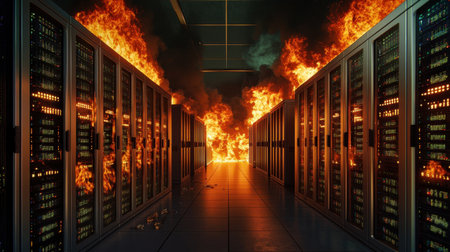 A dramatic scene showcasing a server room engulfed in flames and smoke, highlighting the dangers and risks associated with data center operations and emergencies.の素材