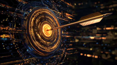A stunning digital illustration of an arrow striking a glowing target in a futuristic circuit setting. This artwork symbolizes precision, focus, and achievement in a high-tech environment.の素材