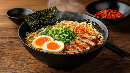 A steaming bowl of ramen topped with grilled chicken, a soft boiled egg, and fresh scallions. Perfect for a hearty meal or comfort food craving.の素材