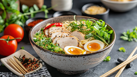 Enjoy a vibrant ramen bowl featuring tender chicken, soft-boiled egg, fresh vegetables, and herbs. Perfect for a comforting meal any time of the day.の素材