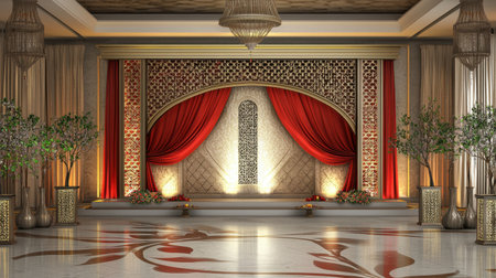 A stunning stage background featuring rich red drapes and intricate designs, perfect for events or celebrations. The warm lighting enhances the elegant ambiance of the space.の素材