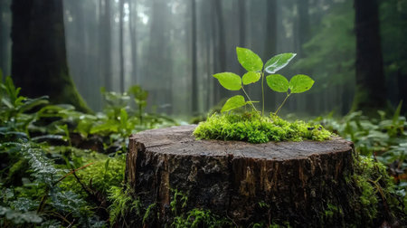 A vibrant green plant emerges from a moss-covered tree stump in a serene forest. Sunlight filters through the mist, creating a tranquil atmosphere celebrating nature's resilience.の素材
