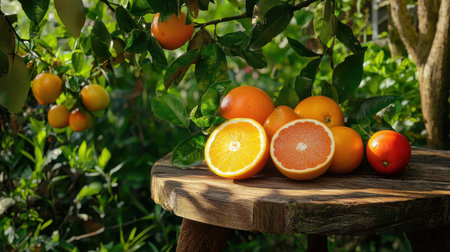 Beautiful arrangement of fresh oranges and citrus fruits on a rustic wooden table in a garden setting, showcasing the vibrant colors and natural beauty of everyday produce.の素材